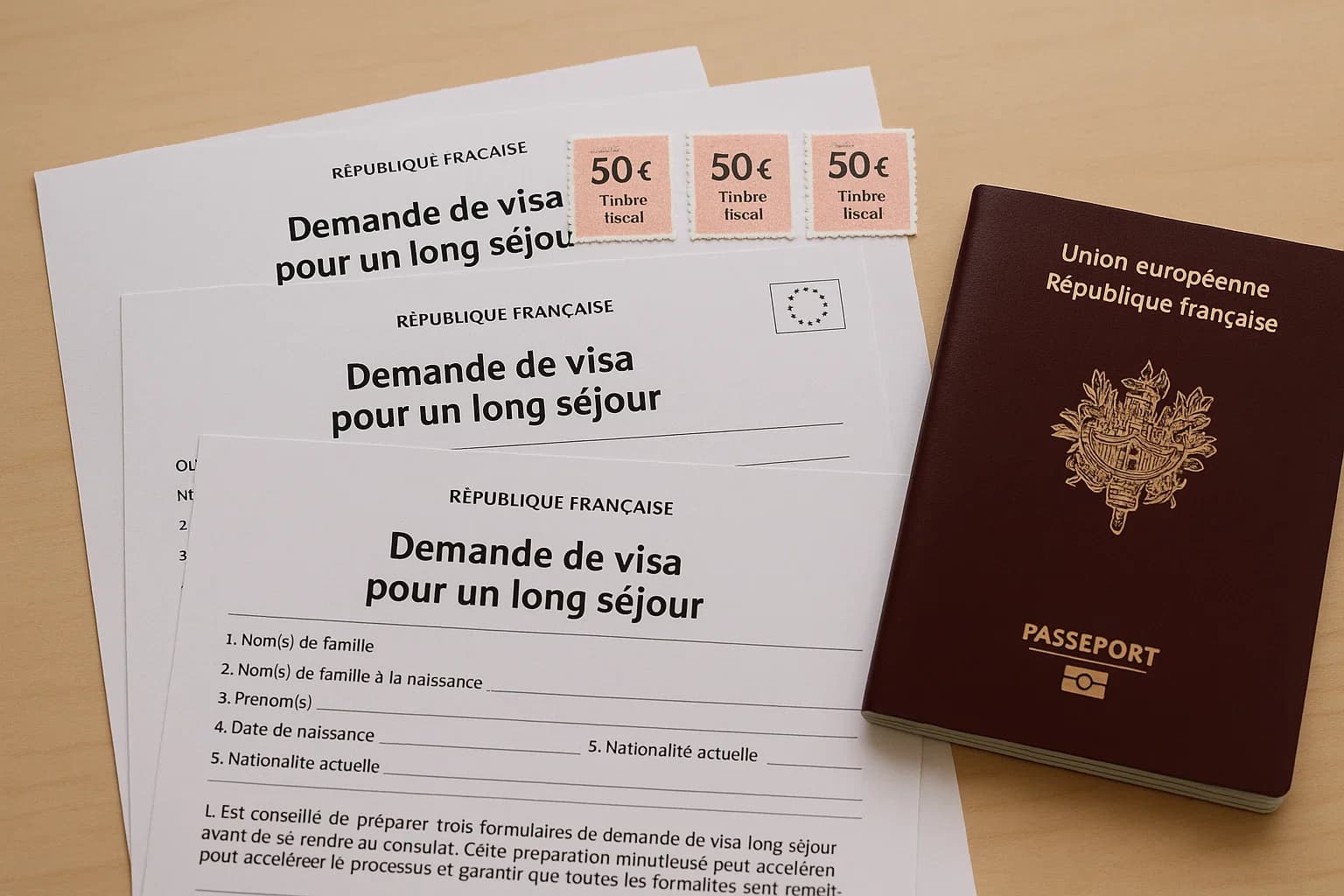 Stack of official documents for visa application