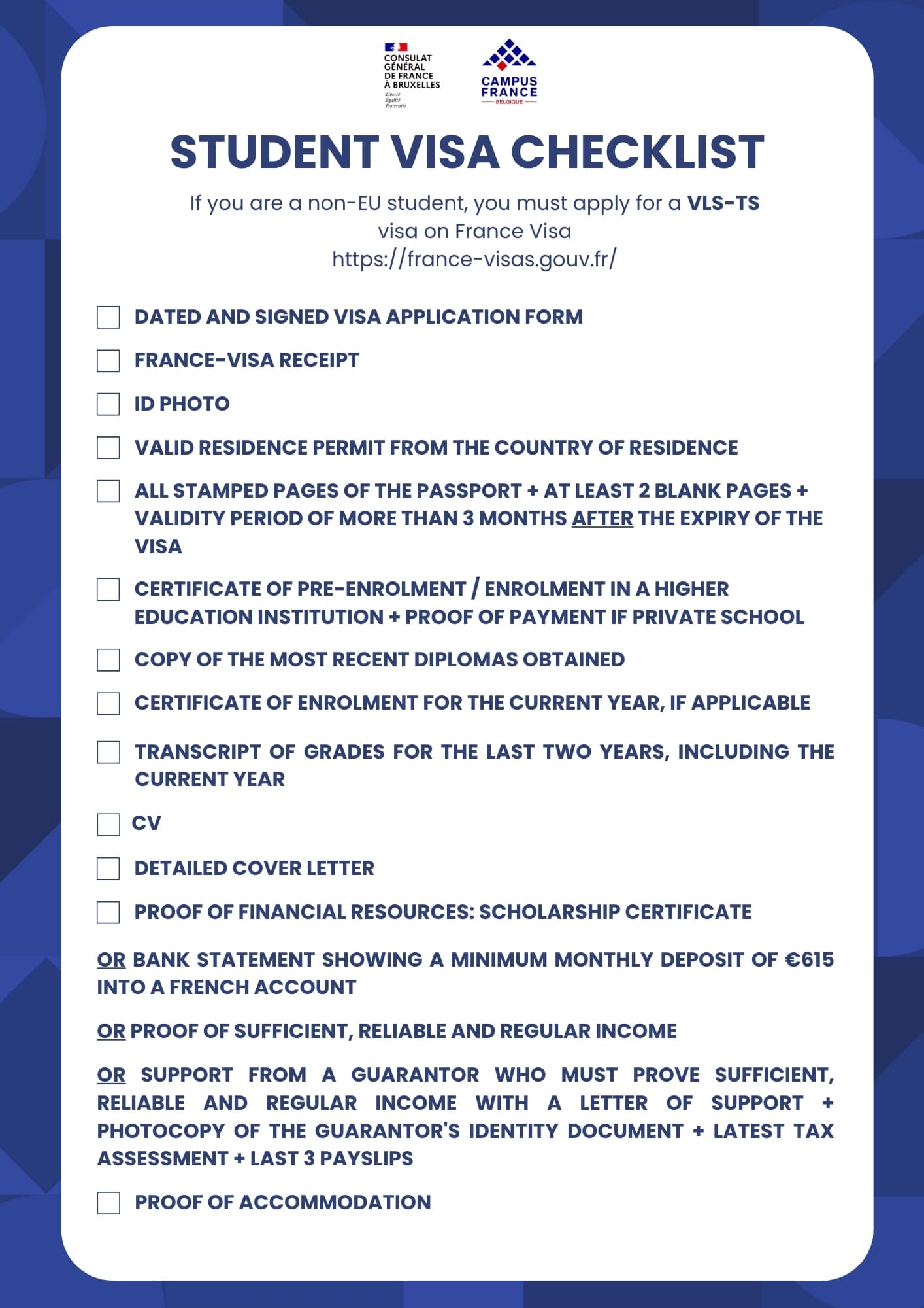 Liste de contrôle pour les conditions du visa étudiant français
