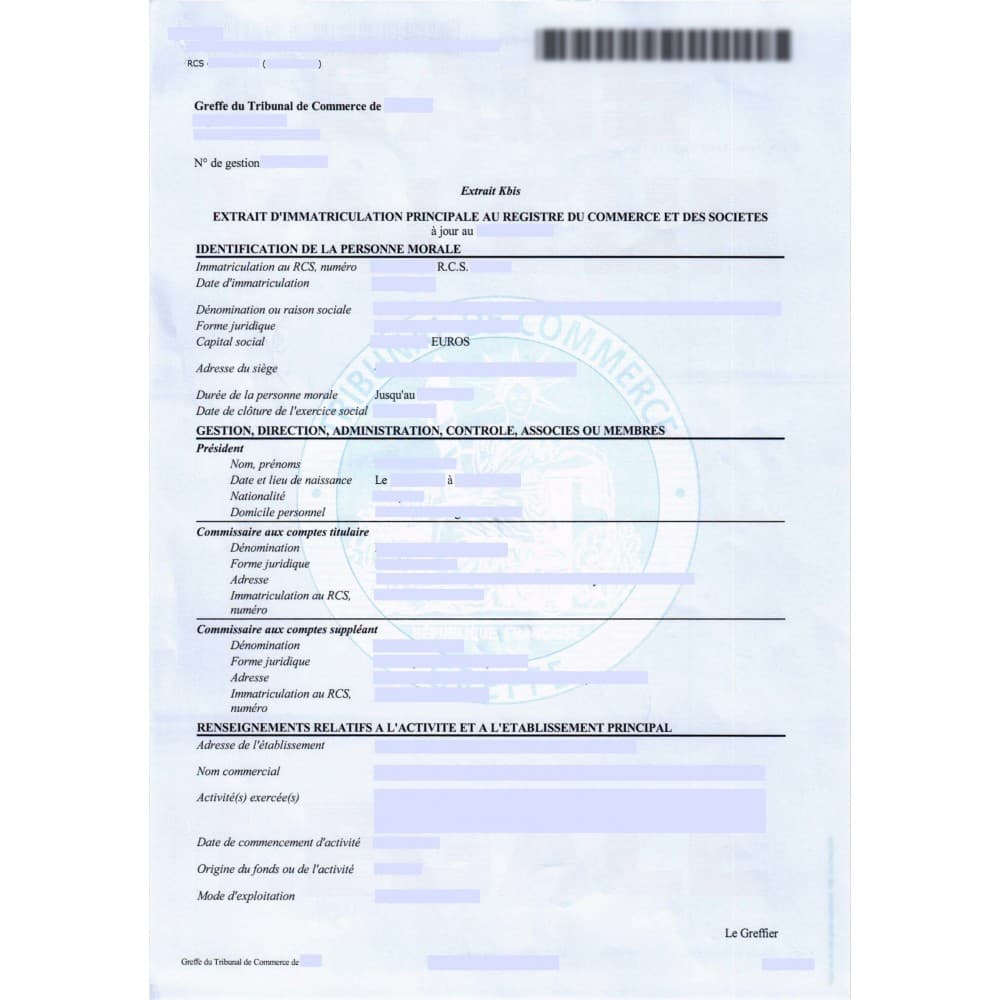Extrait K-bis français - certificat officiel d'immatriculation de la société délivré par le greffe du Tribunal de Commerce