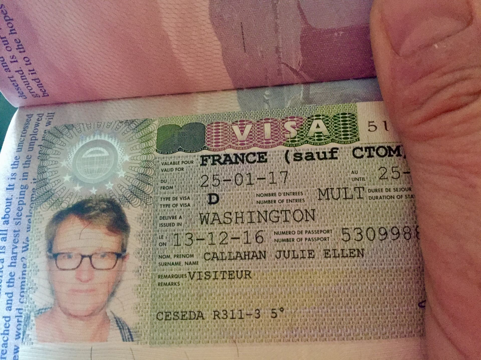 Long-stay visa sticker in a passport for France