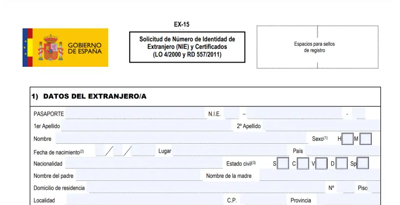 Formulaire EX-15 pour la demande de NIE en Espagne
