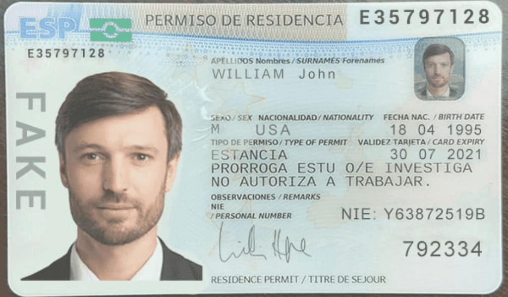 Example of a TIE residence card (Tarjeta de Identidad de Extranjero) in Spain