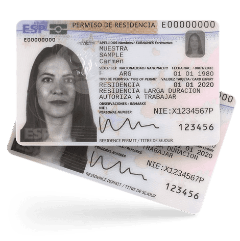 Sample Spanish residence permit card showing a NIE and authorisation to work, used to illustrate the EU Blue Card format