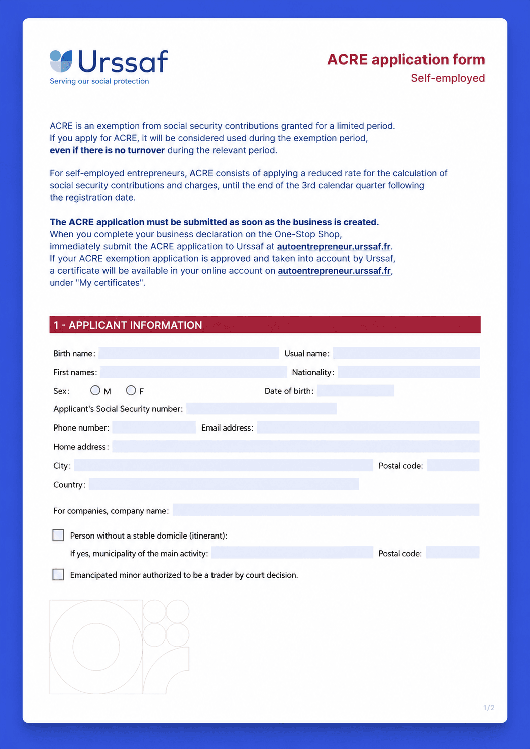 ACRE form for business creators in France supporting entrepreneur visa procedures