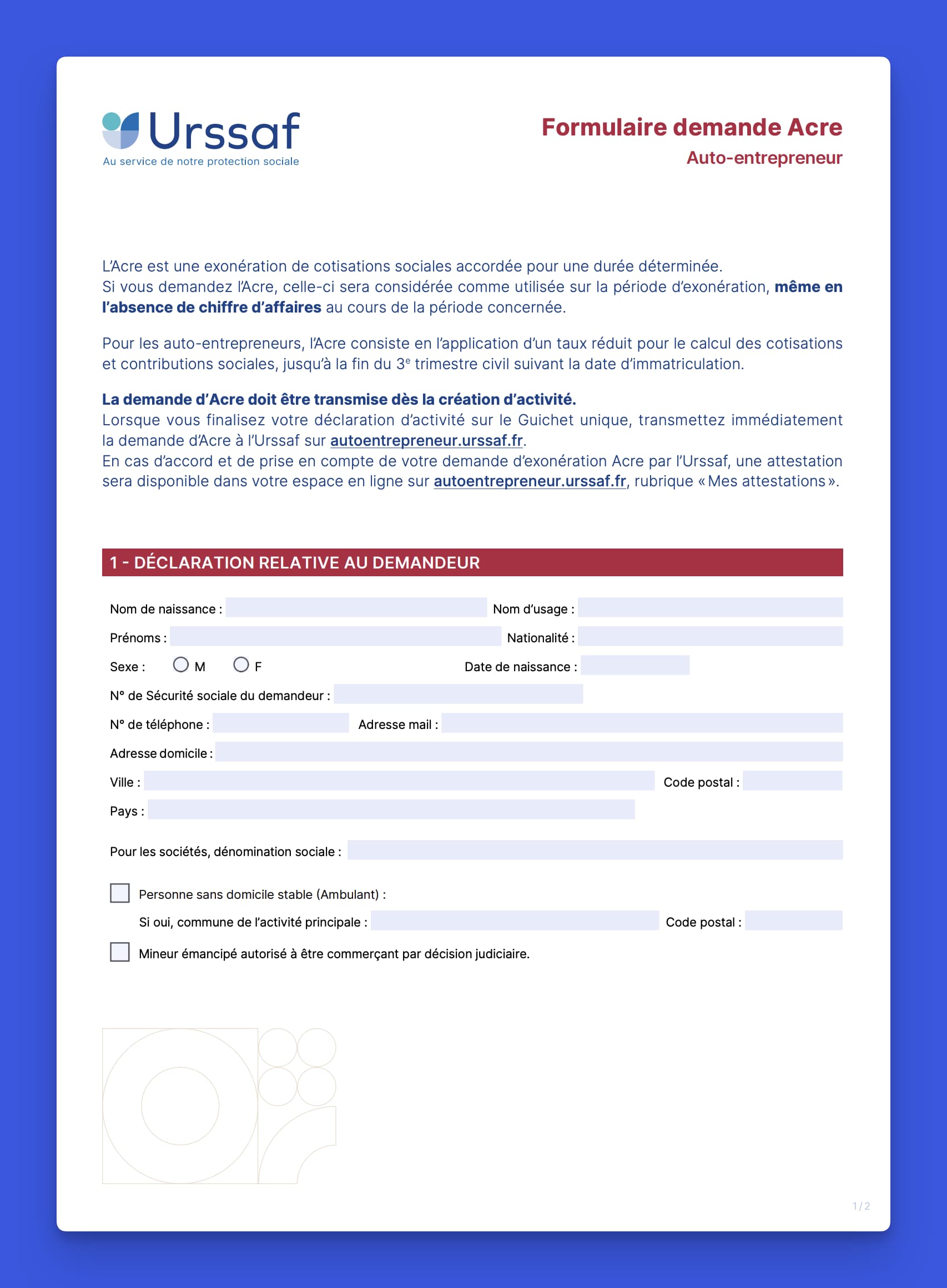 Formulaire ACRE pour les créateurs d'entreprise en France dans le cadre du visa entrepreneur
